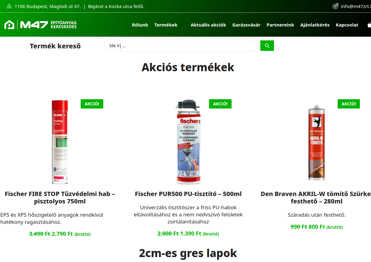 M47 építőanyag kereskedés weboldalának linkje